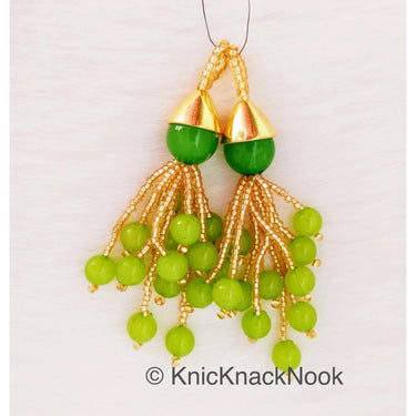 Green Beads Tassels Latkan, Indian Antique Distressed Latkans, Gold Beaded Danglers